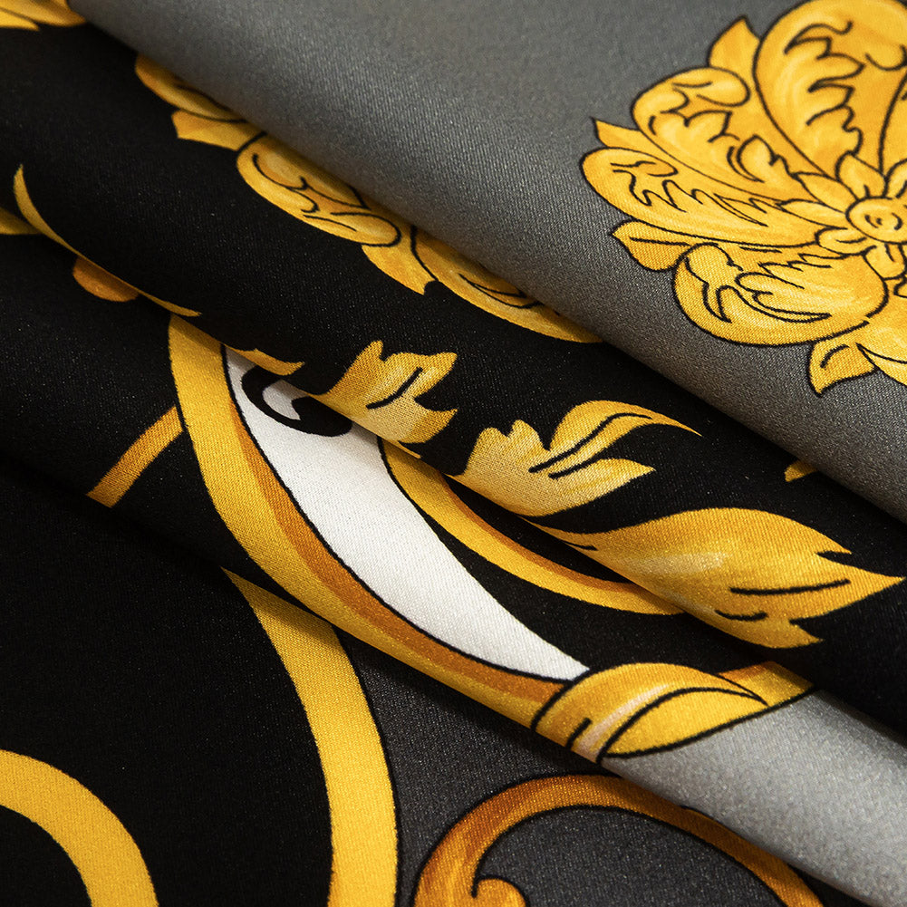 Mood Exclusive Italian Black, Gold and Gunmetal Ornate Digitally Printed Silk Charmeuse Folded