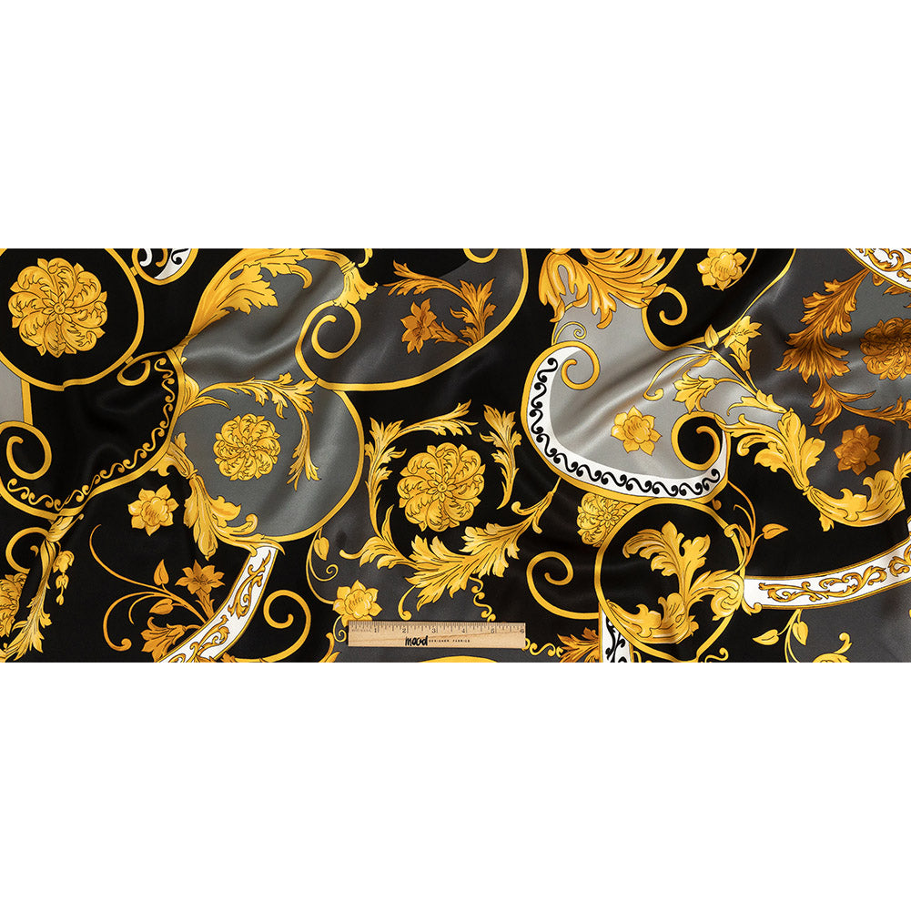 Mood Exclusive Italian Black, Gold and Gunmetal Ornate Digitally Printed Silk Charmeuse Full