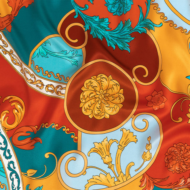 Mood Exclusive Italian Rust, Sun Orange and Bachelor Button Ornate Digitally Printed Silk Charmeuse