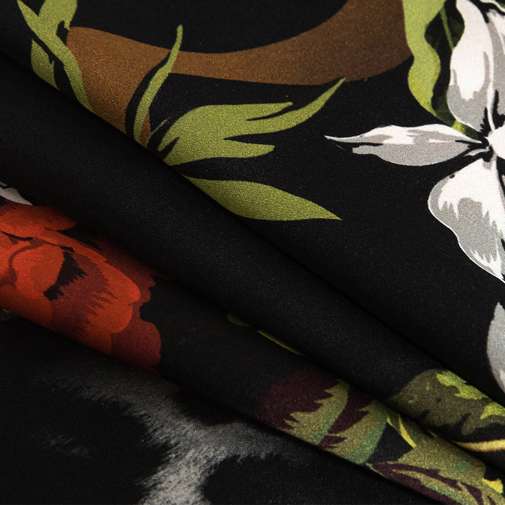 Mood Exclusive Italian Black, Red and Green Animal Markings and Flora Digitally Printed Silk Charmeuse Folded