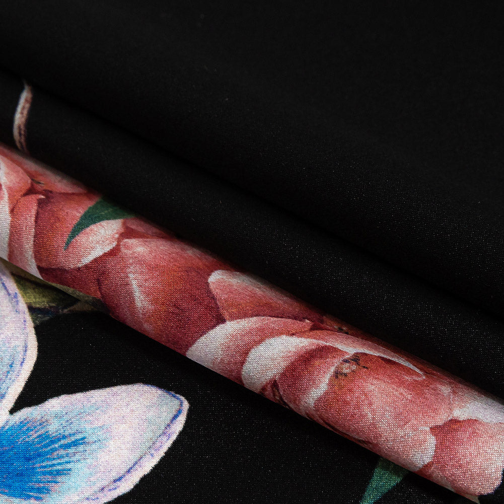 Mood Exclusive Italian Black, Red and Blue Floral Border Digitally Printed Silk Charmeuse Folded