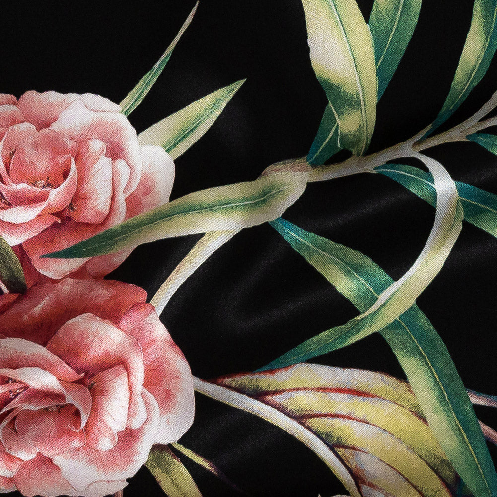 Mood Exclusive Italian Black, Red and Blue Floral Border Digitally Printed Silk Charmeuse Detail