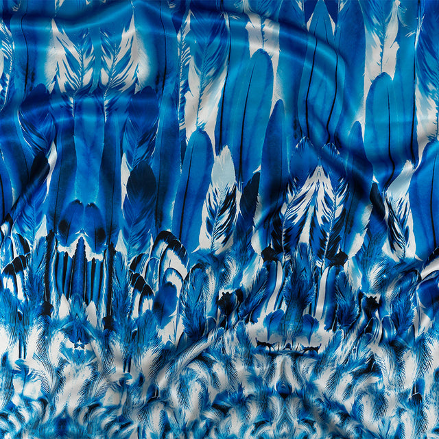 Mood Exclusive Italian Gradient Blue Feathers Digitally Printed Silk Charmeuse Panel