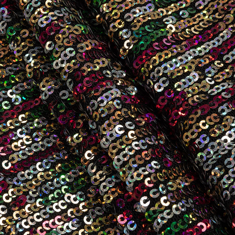 Mesh with Sequins - Metallic Rainbow on Black - Flavio Collection - Folded