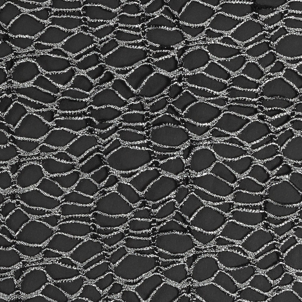Webbed Guipure Lace - Black with Metallic Silver Foil Detail