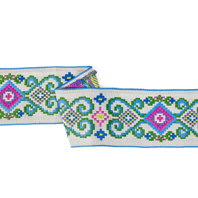 Multicolored and Opal Gray Floral Geometric Embroidered Ribbon - 3.25"
