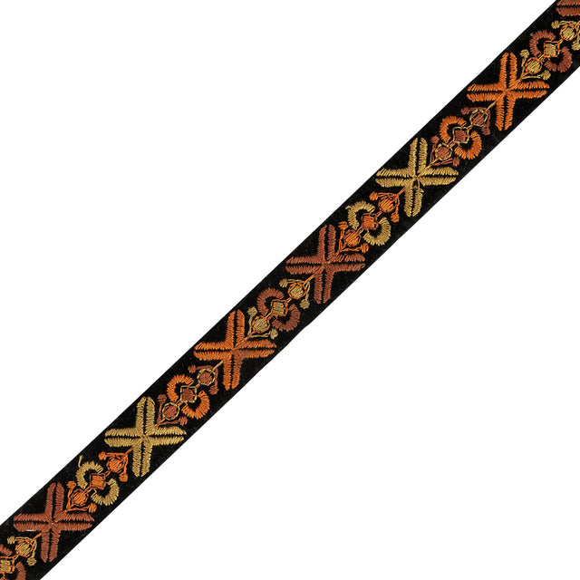 Ochre and Orange Embroidered Black Velvet Ribbon - 1.125"