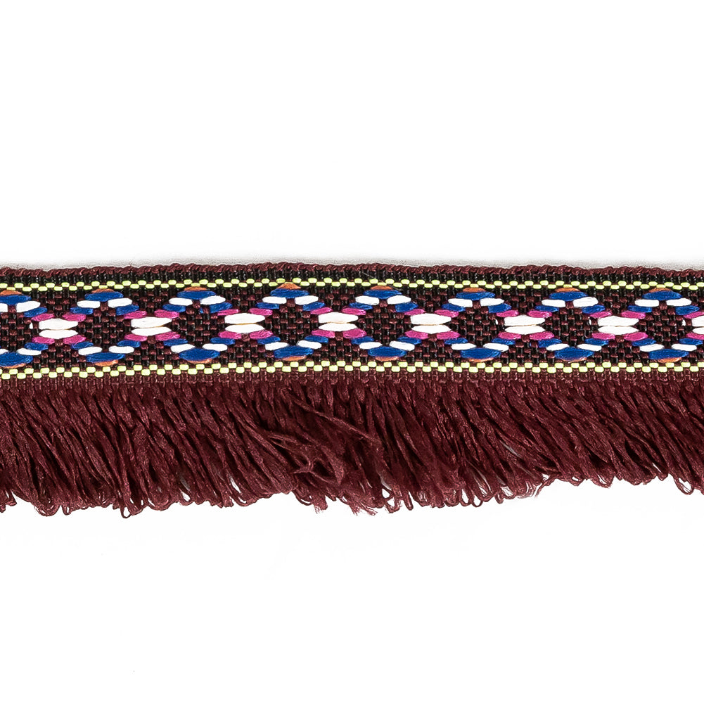 Multicolored and Burgundy Tribal Brushed Fringe Trim - 1.125" Detail