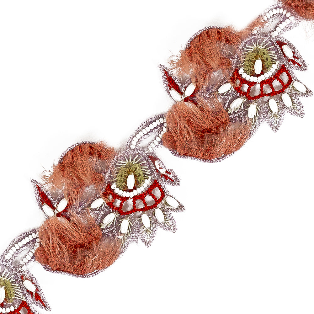 Lilac, Red and Coral Floral Beaded Fringe Trim Detail