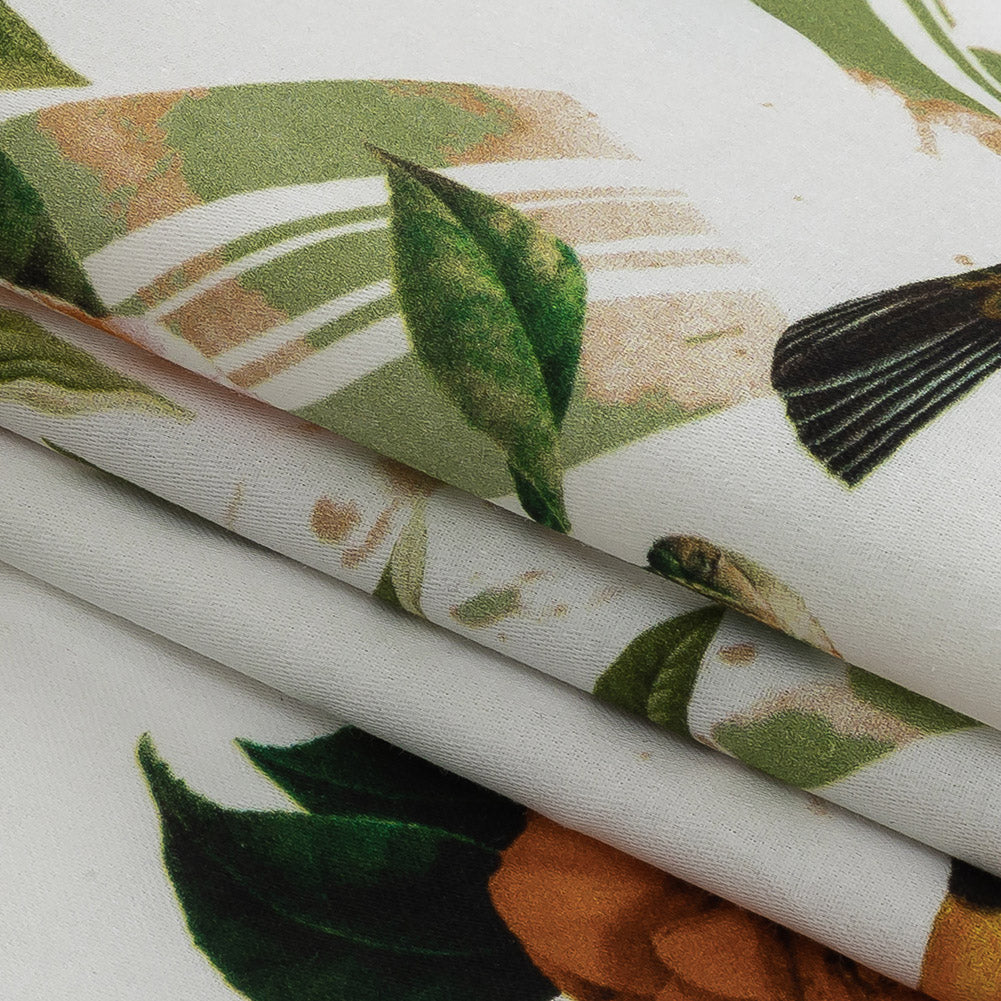 Mercerized Organic Egyptian Cotton Shirting - Leaf Green and Orange Crosshatch Brids and Florals - Ravello Collection - Folded