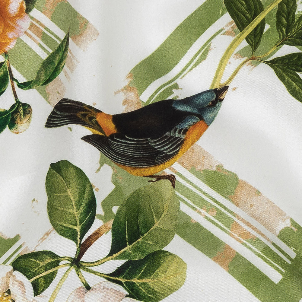 Mercerized Organic Egyptian Cotton Shirting - Leaf Green and Orange Crosshatch Brids and Florals - Ravello Collection - Detail