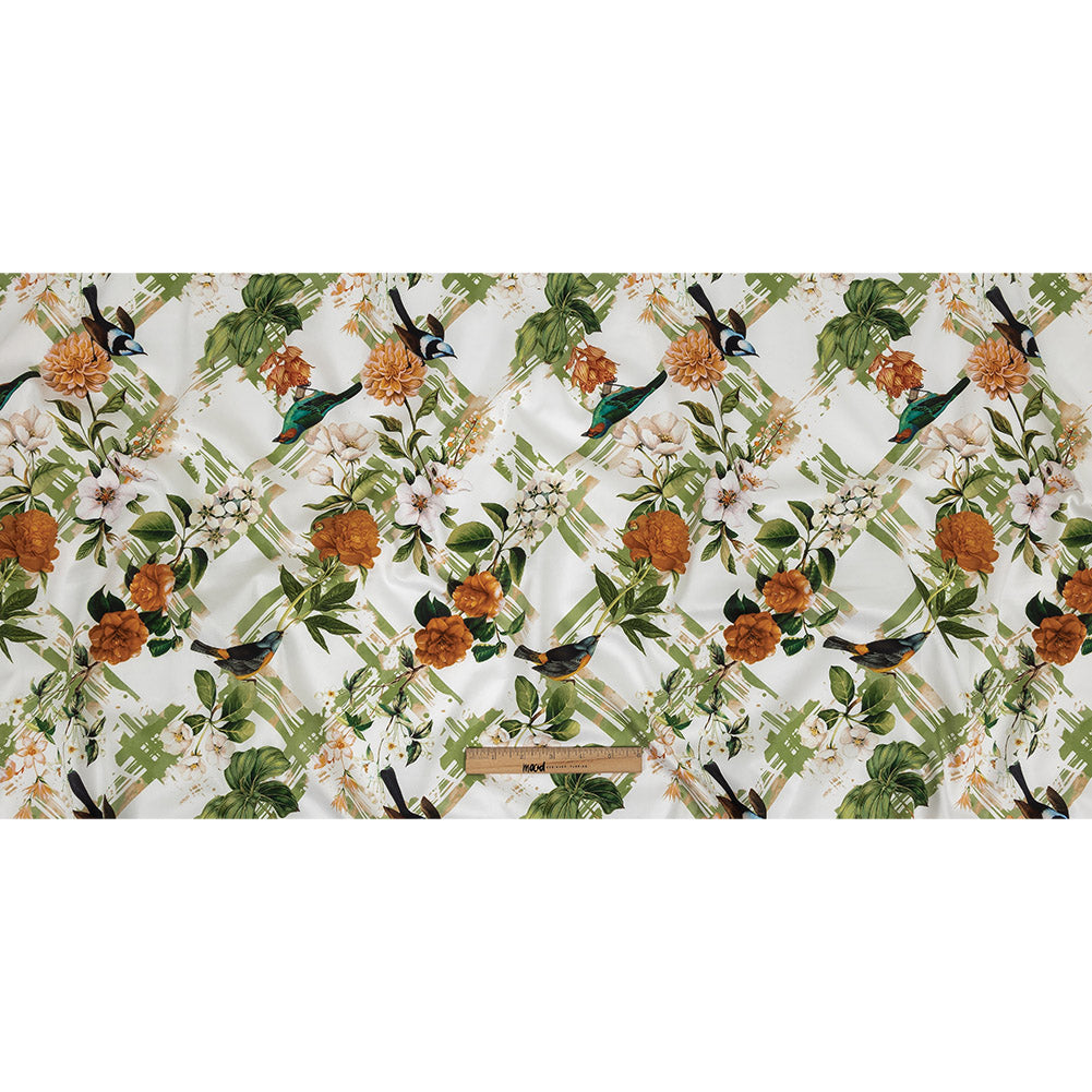 Mercerized Organic Egyptian Cotton Shirting - Leaf Green and Orange Crosshatch Brids and Florals - Ravello Collection - Full