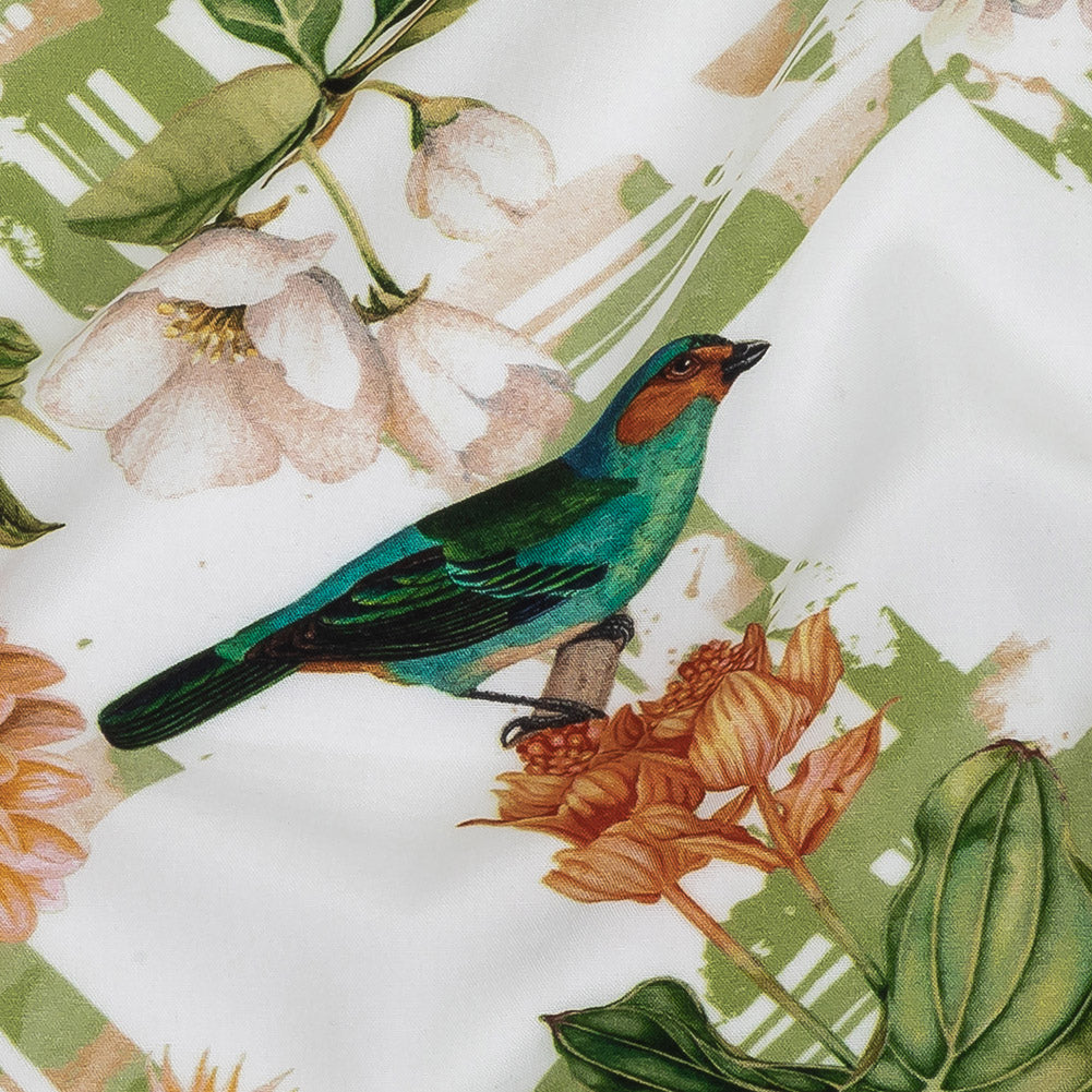 Organic Viscose Batiste - Green and Apricot Crosshatch Avifauna - Loreto Collection - Detail