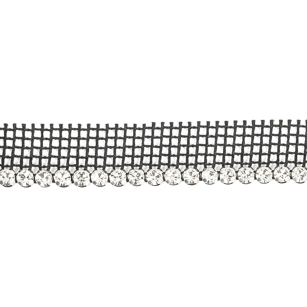 Vintage Crystal and Silver 1 Row Circular Rhinestones on Black Mesh Trimming - 0.5" Detail