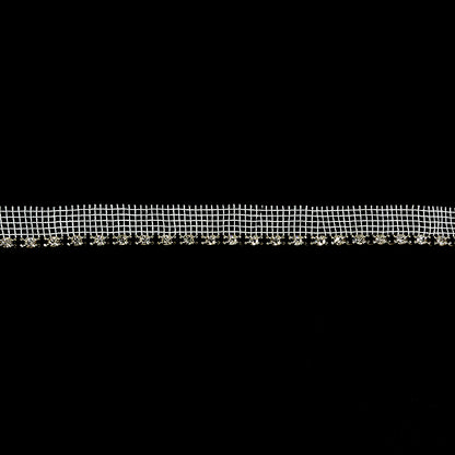 Vintage Crystal, Black and Silver 1 Row Circular Rhinestones on White Mesh Trimming - 0.75"