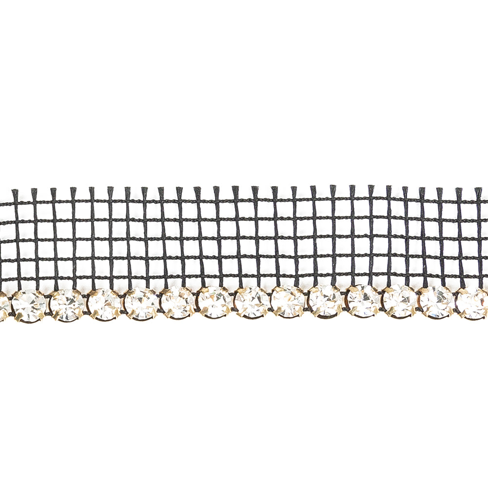 Vintage Crystal and Gold 1 Row Circular Rhinestones on Black Mesh Trimming - 0.75" Detail