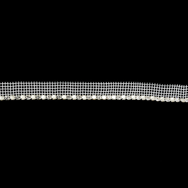 Vintage Crystal, Silver and Frosted Glass 1 Row Circular Rhinestones on White Mesh Trimming - 0.625"