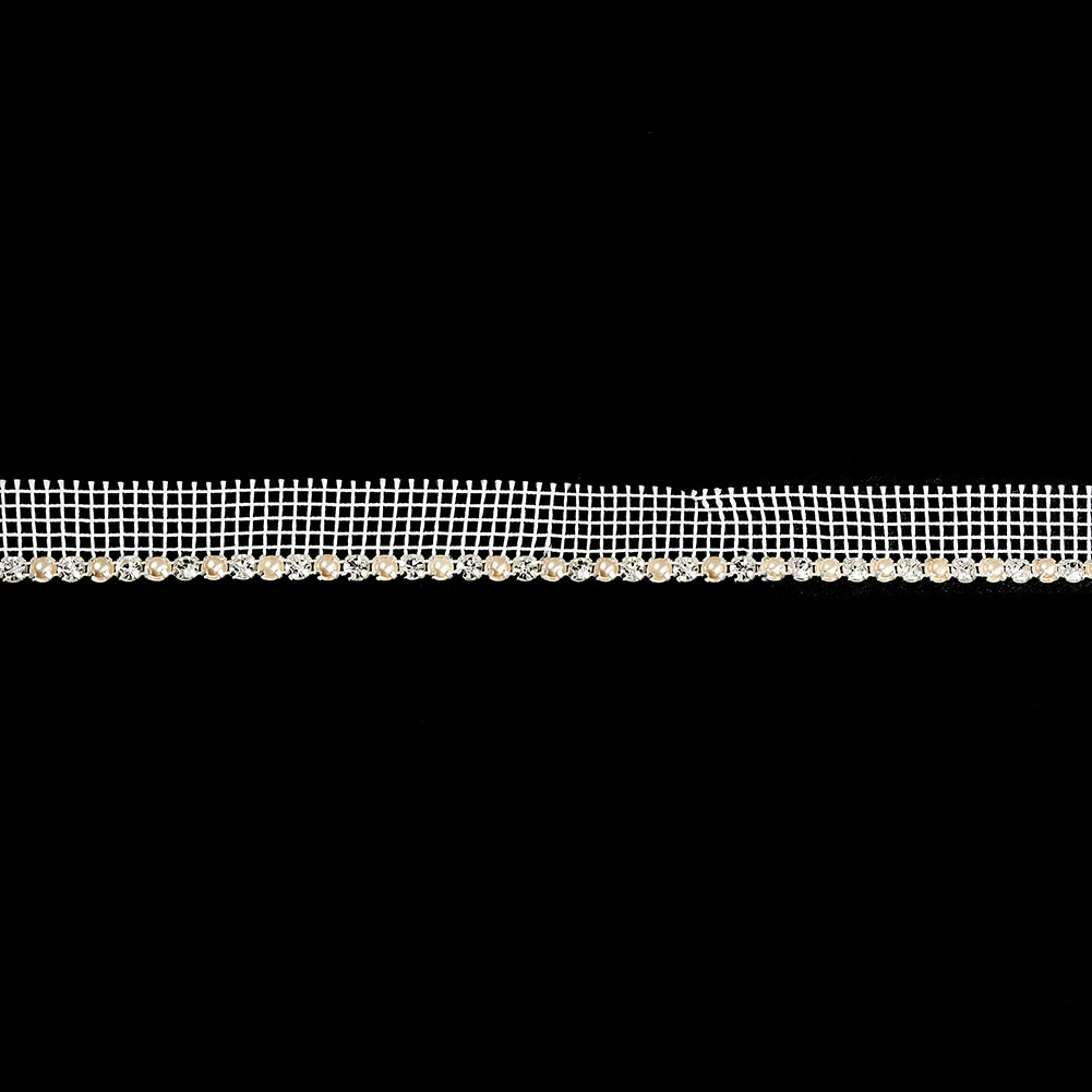 Vintage Crystal, Silver and Faux Pearl 1 Row Circular Rhinestones on White Mesh Trimming - 0.75"