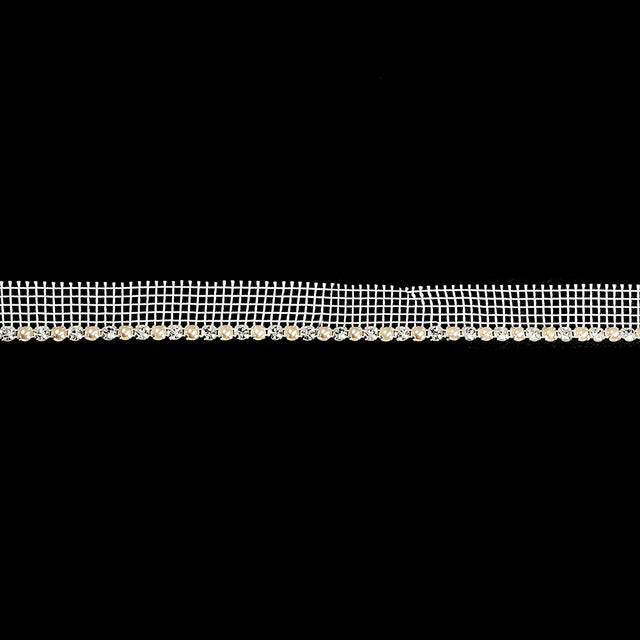 Vintage Crystal, Silver and Faux Pearl 1 Row Circular Rhinestones on White Mesh Trimming - 0.75"