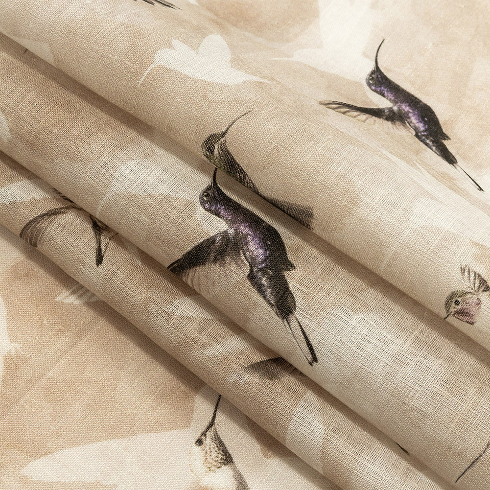 Humming Birds Printed Beige Linen Woven Folded