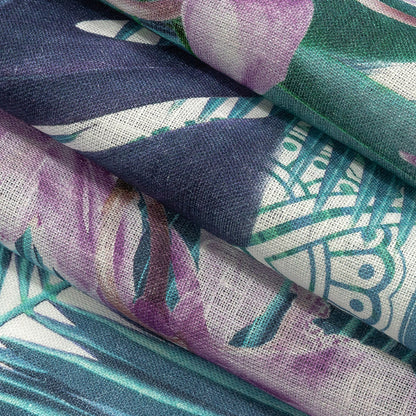 Blue Palms and Lavender Lilies Printed Linen Woven Folded