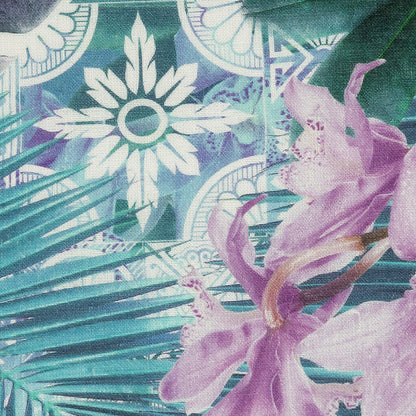 Blue Palms and Lavender Lilies Printed Linen Woven Detail