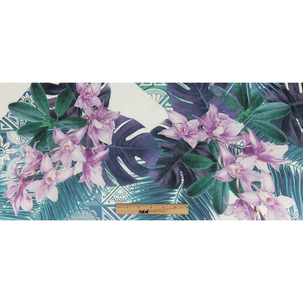 Blue Palms and Lavender Lilies Printed Linen Woven Full