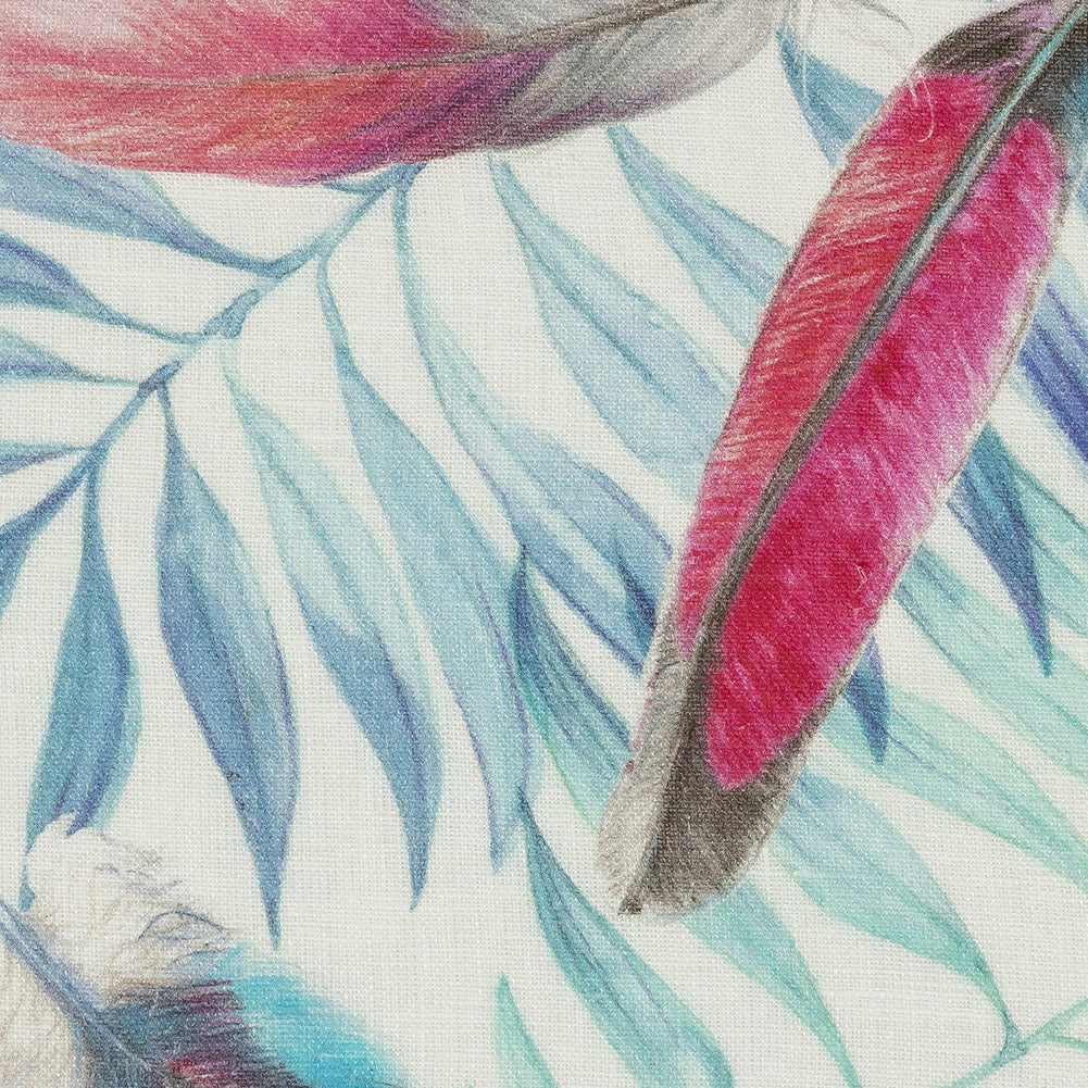 Multicolor Peacock Feathers and Aqua Ferns Printed Linen Woven Detail
