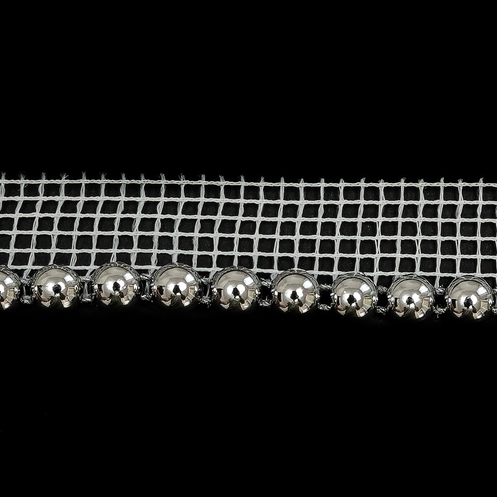 Vintage Silver Circular Beaded Trimming with White Mesh Lip - 0.5" Detail