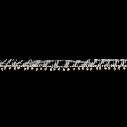 Vintage Crystal and Silver 1 Row Circular Rhinestone Trimming on White Mesh with Faux Pearl Fringe - 1"