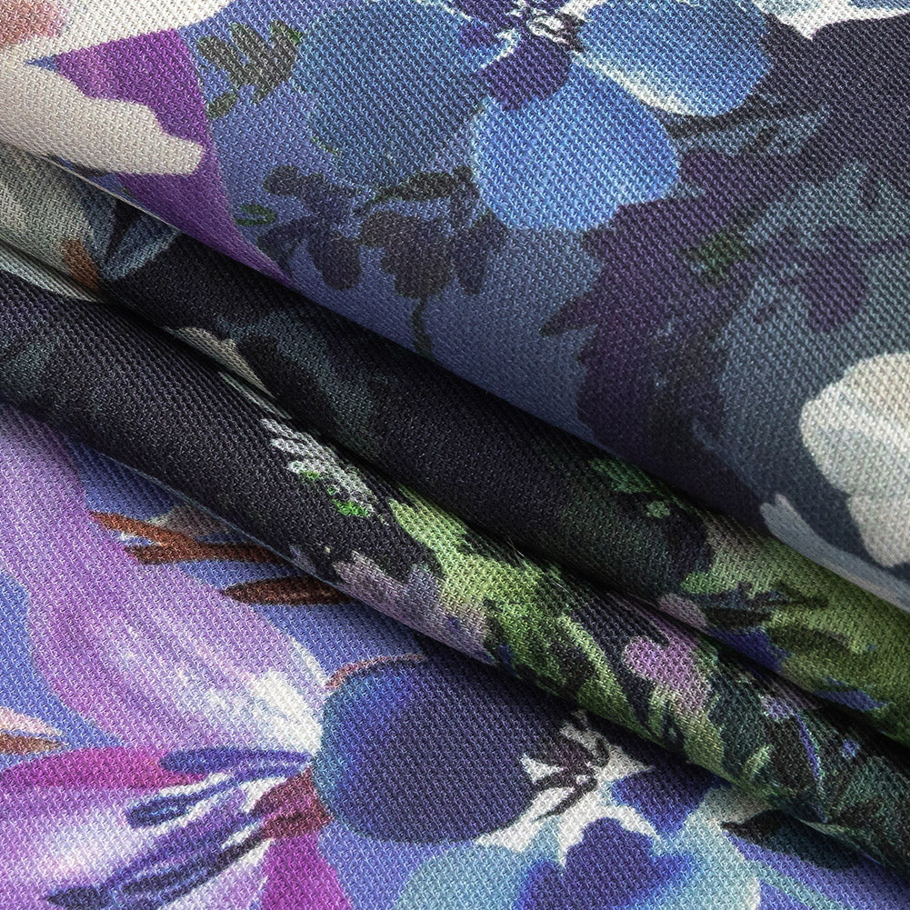 Viscose and Linen Twill Print - Lilac and Deep Cobalt Floral - Mood Exclusive Chromatic Watercolor Detail