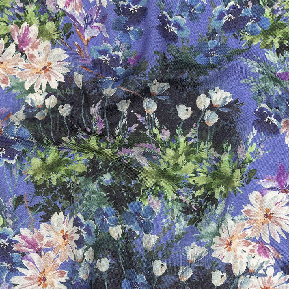 Viscose and Linen Twill Print - Lilac and Deep Cobalt Floral - Mood Exclusive Chromatic Watercolor