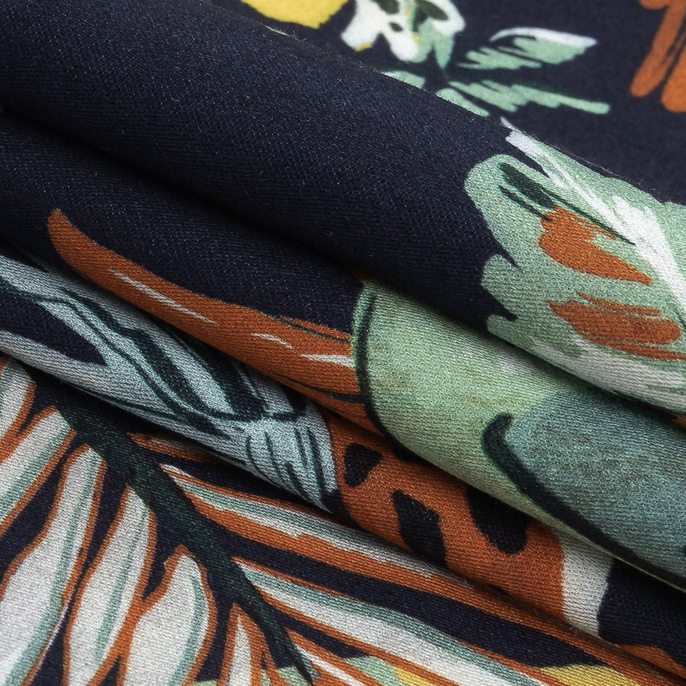 Rayon Batiste Print - Midnight, Green and White Zebras and Brids - Mood Exclusive Navy Birds of Play Folded