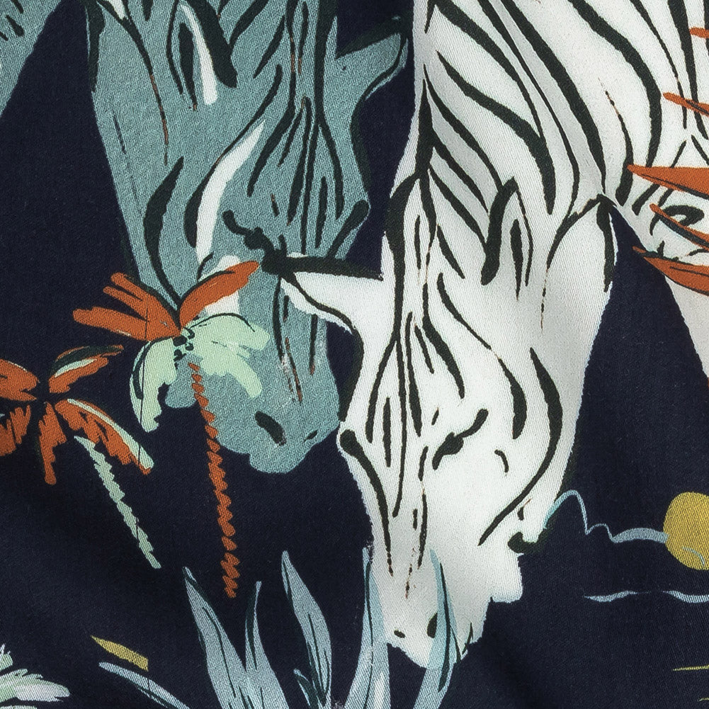 Rayon Batiste Print - Midnight, Green and White Zebras and Brids - Mood Exclusive Navy Birds of Play Detail
