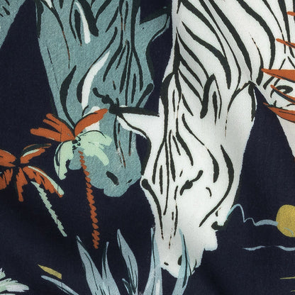Rayon Batiste Print - Midnight, Green and White Zebras and Brids - Mood Exclusive Navy Birds of Play Detail