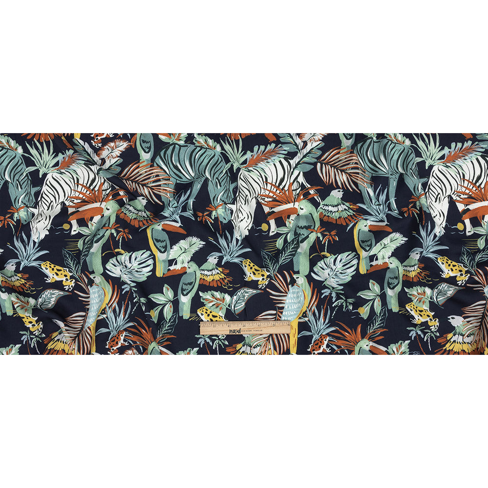 Rayon Batiste Print - Midnight, Green and White Zebras and Brids - Mood Exclusive Navy Birds of Play Full