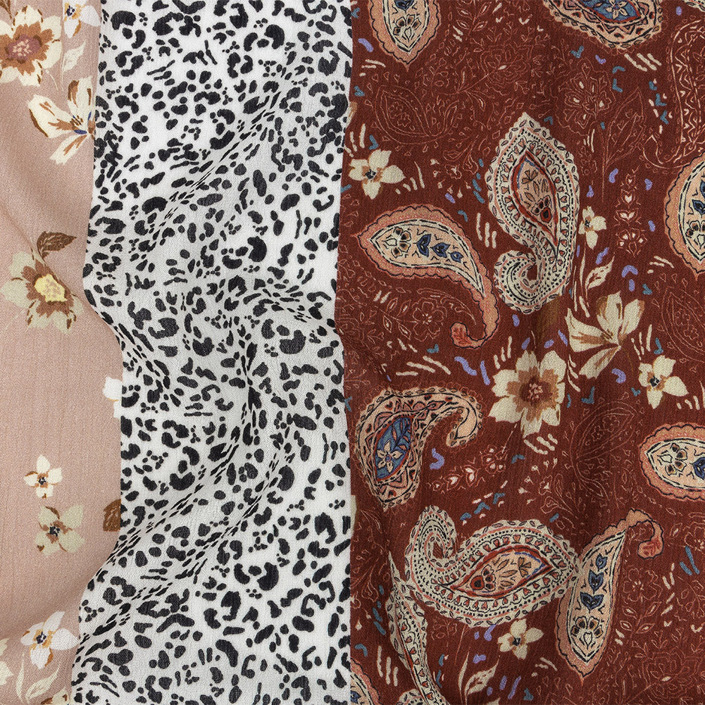 Gauzy Wrinkled Rayon Woven Print - Rust and Mauve Patterned Stripes - Mood Exclusive Strips of Style