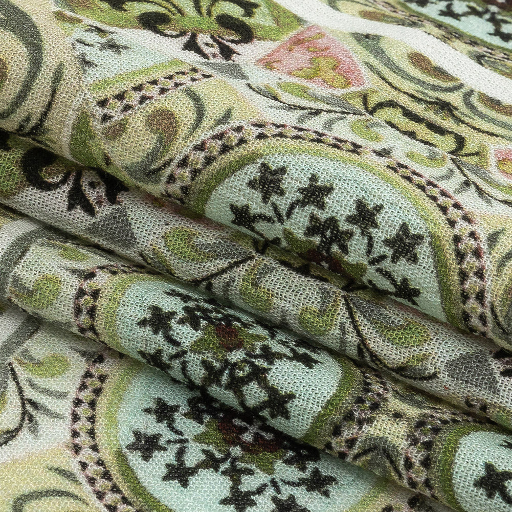 Gauzy Wrinkled Rayon Woven Print - Soft Green Ornate Patchwork - Mood Exclusive Arabesco Detail
