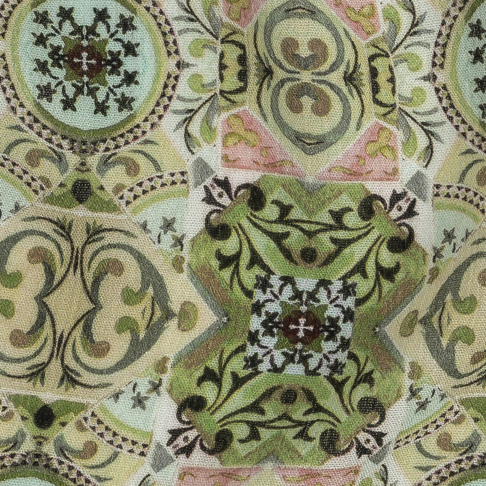 Gauzy Wrinkled Rayon Woven Print - Soft Green Ornate Patchwork - Mood Exclusive Arabesco Full