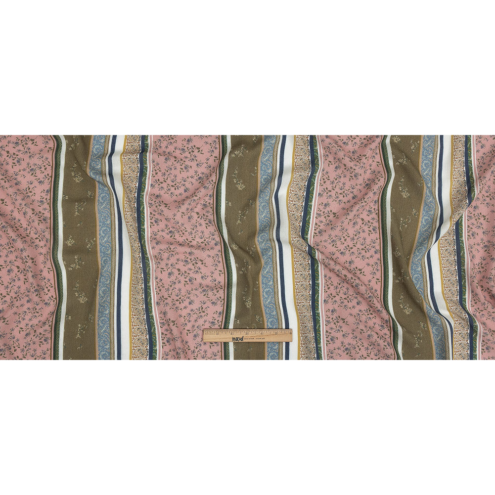 Gauzy Wrinkled Rayon Woven Print - Olive Green and Pink Floral Stripes - Mood Exclusive Encased Reveries Folded
