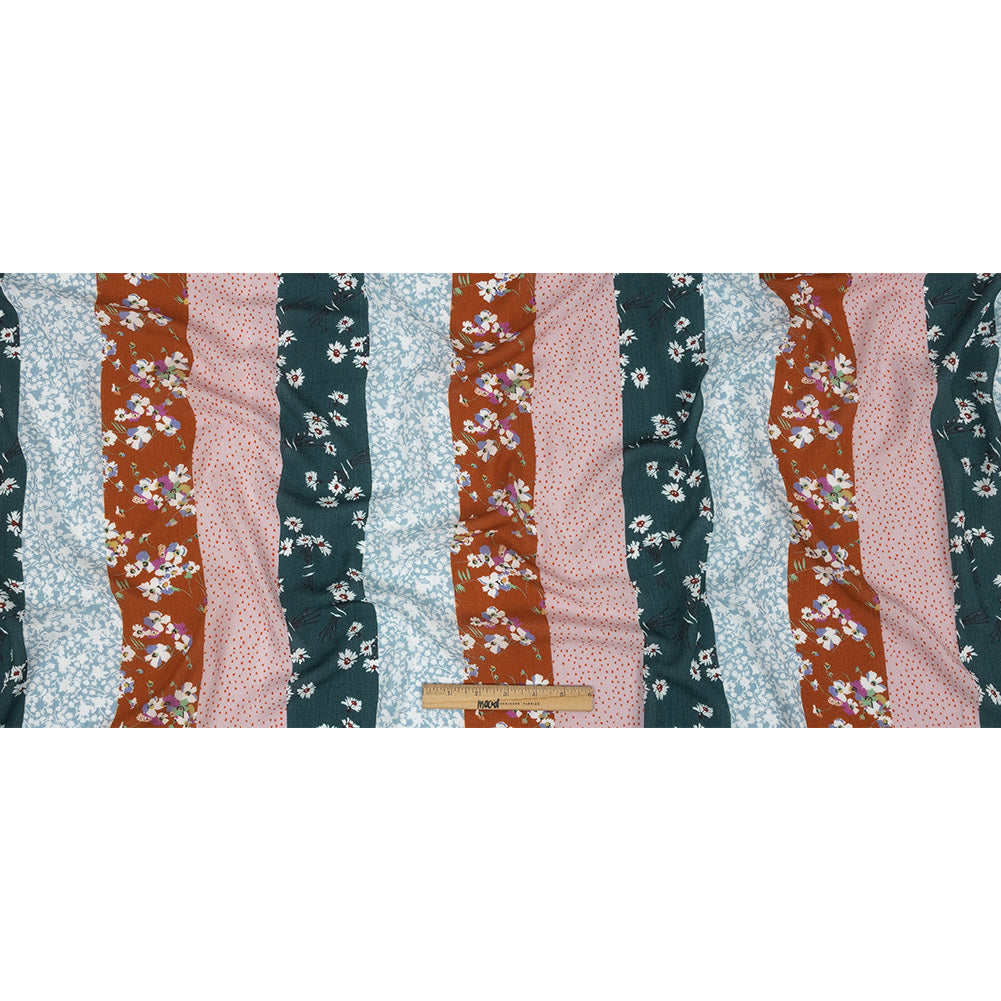 Gauzy Wrinkled Rayon Woven Print - Orange and Evergreen Floral Stripes - Mood Exclusive Perennial Paths Folded