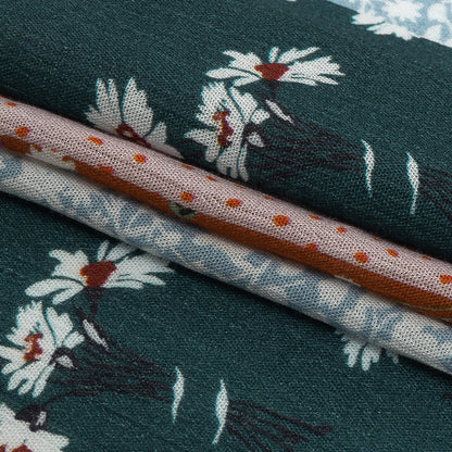 Gauzy Wrinkled Rayon Woven Print - Orange and Evergreen Floral Stripes - Mood Exclusive Perennial Paths Detail