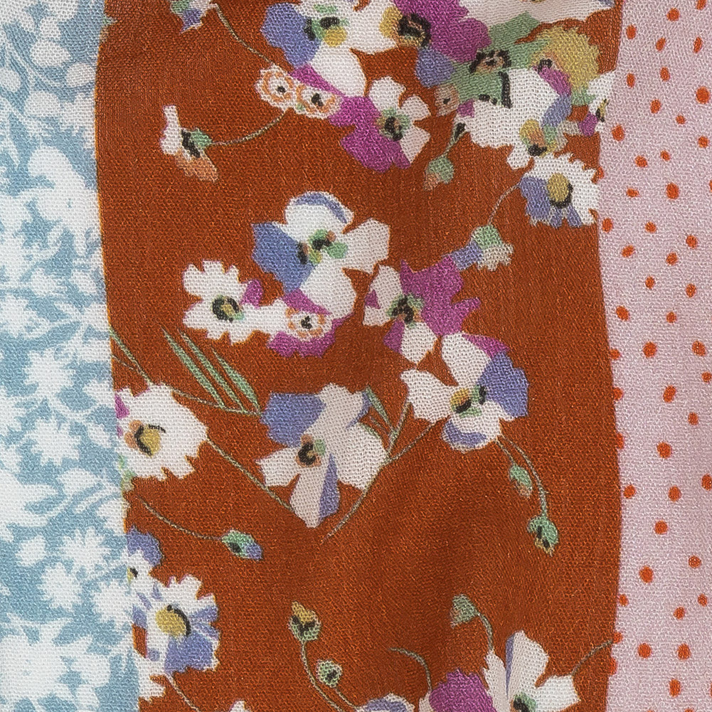 Gauzy Wrinkled Rayon Woven Print - Orange and Evergreen Floral Stripes - Mood Exclusive Perennial Paths Full