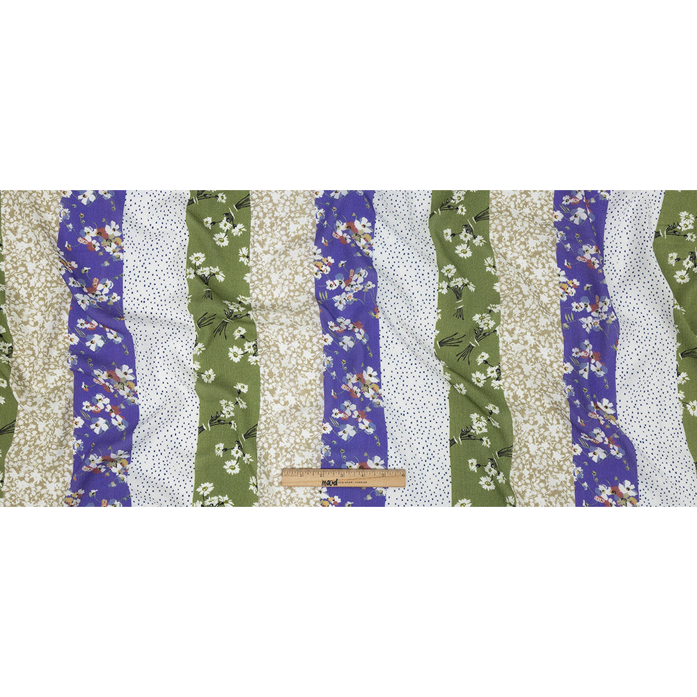 Gauzy Wrinkled Rayon Woven Print - Violet and Pea Green Floral Stripes - Mood Exclusive Perennial Paths Folded