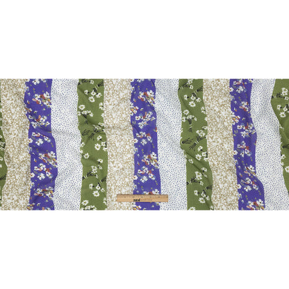 Gauzy Wrinkled Rayon Woven Print - Violet and Pea Green Floral Stripes - Mood Exclusive Perennial Paths Folded