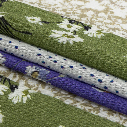 Gauzy Wrinkled Rayon Woven Print - Violet and Pea Green Floral Stripes - Mood Exclusive Perennial Paths Detail