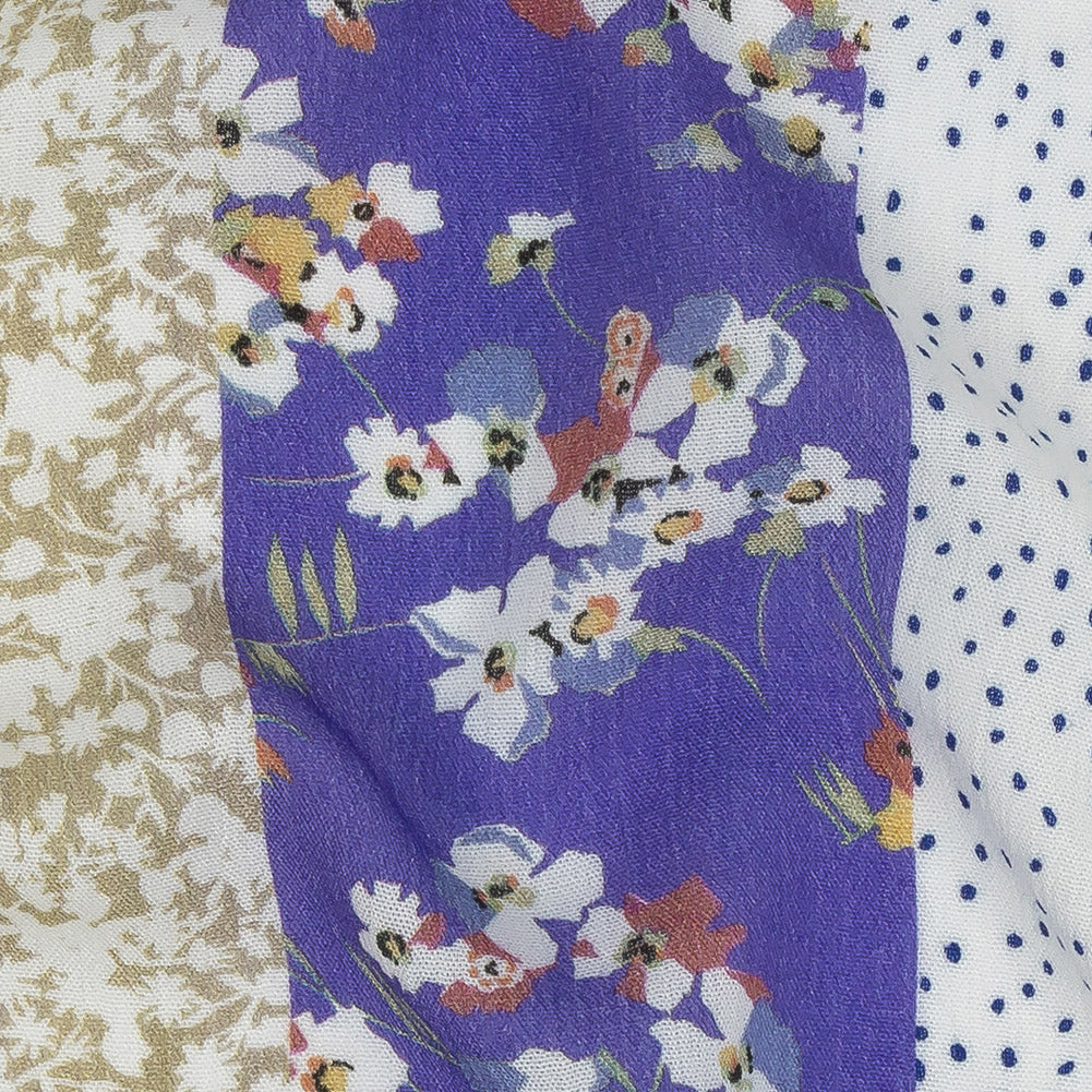 Gauzy Wrinkled Rayon Woven Print - Violet and Pea Green Floral Stripes - Mood Exclusive Perennial Paths Full