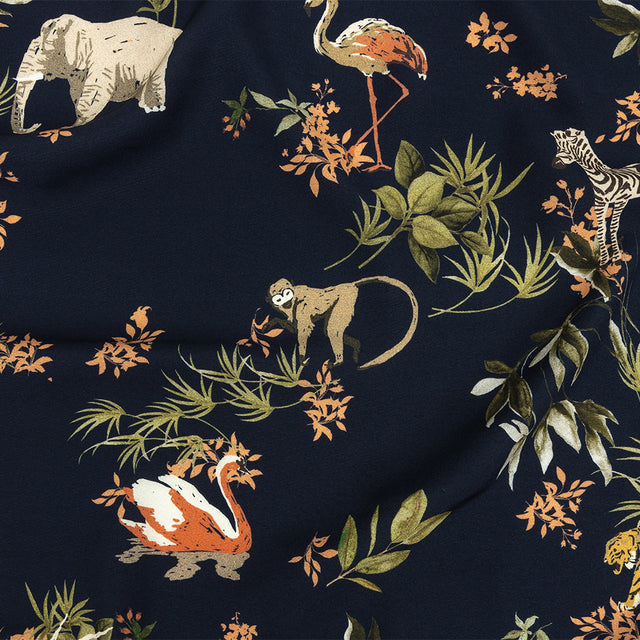 Viscose Twill Print - Navy Exotic Animals and Flowers - Mood Exclusive Marvelous Menagerie