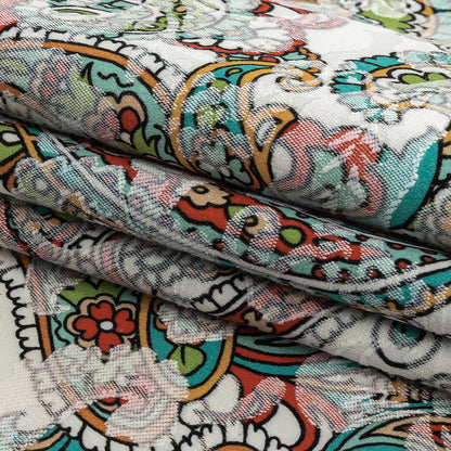 Stretch Floral Jacquard Print - Teal and Saffron Dense Paisley - Mood Exclusive Precious Paisleys Folded