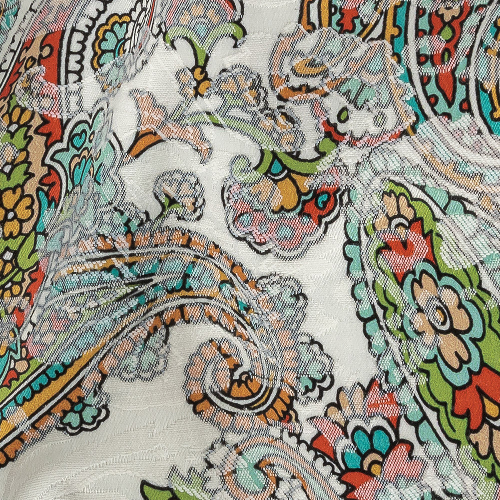 Stretch Floral Jacquard Print - Teal and Saffron Dense Paisley - Mood Exclusive Precious Paisleys Detail